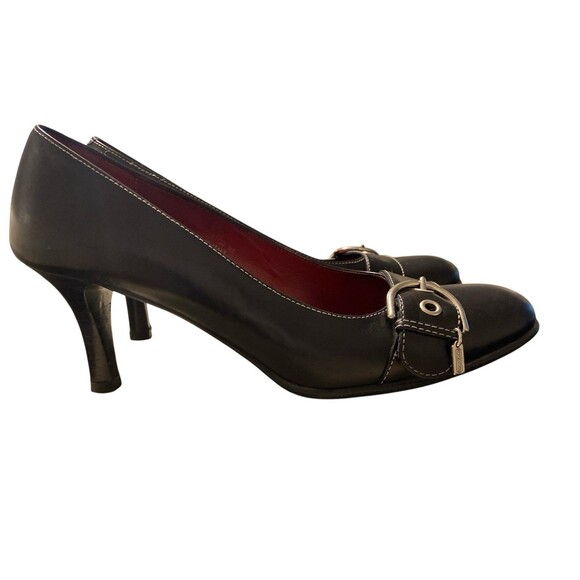 Coach Women’s Black Leather Heels Sz 8.5B Buckle Accent Round Toe Classic Pumps - Picture 2 of 14